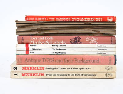 BOOK GROUPING - DOLLS & TIN TOYS: Grouping of various books ranging in subjects from American Toys, Iron Toys by The Dent Hardware Co. Tin Toy Dream and Dolls. Dimensions: (Stack) H 6.75" x W 10.75" x D 8" Condition: All books shows w