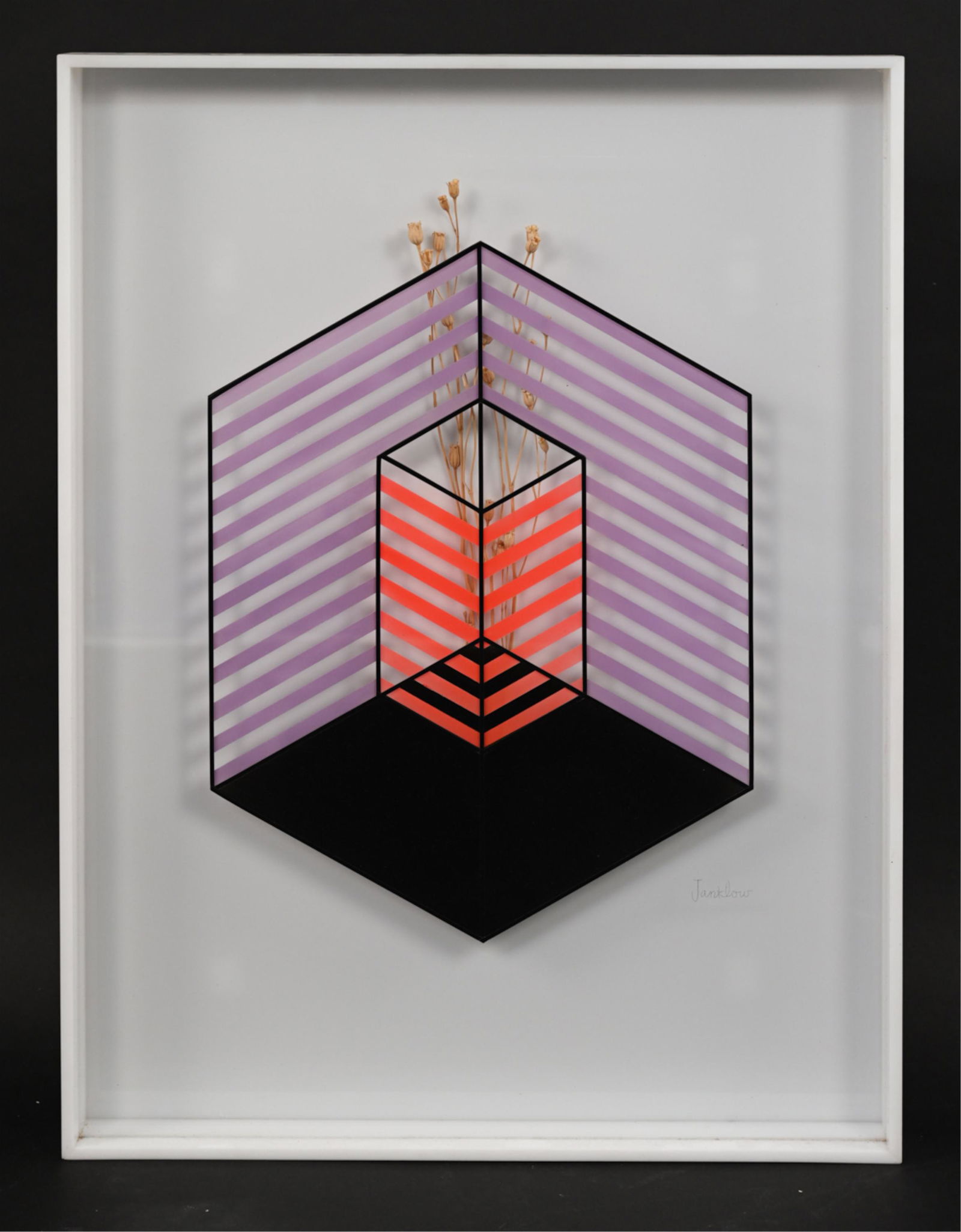 LEONARD JANKLOW (1919-2006) OP-ART CONSTRUCTION: Multi-dimensional Op Art construction in colored vinyl and acrylic with a stalk of wheat, signed lower right "Janklow". Dimensions: H 32" x W 24" x D 2.25", (sight) H 23" x W 16" Condition: Acrylic fr