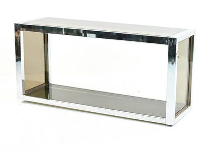 ATTR. RENATO ZEVI CHROME & SMOKED GLASS CONSOLE: Rare console table in chrome with smoked glass top and sides and brass accents. Apparently unmarked, attributed to Renato Zevi c. 1970's. Dimensions: H 25.75" x W 55" x D 17.75" Condition: Missing