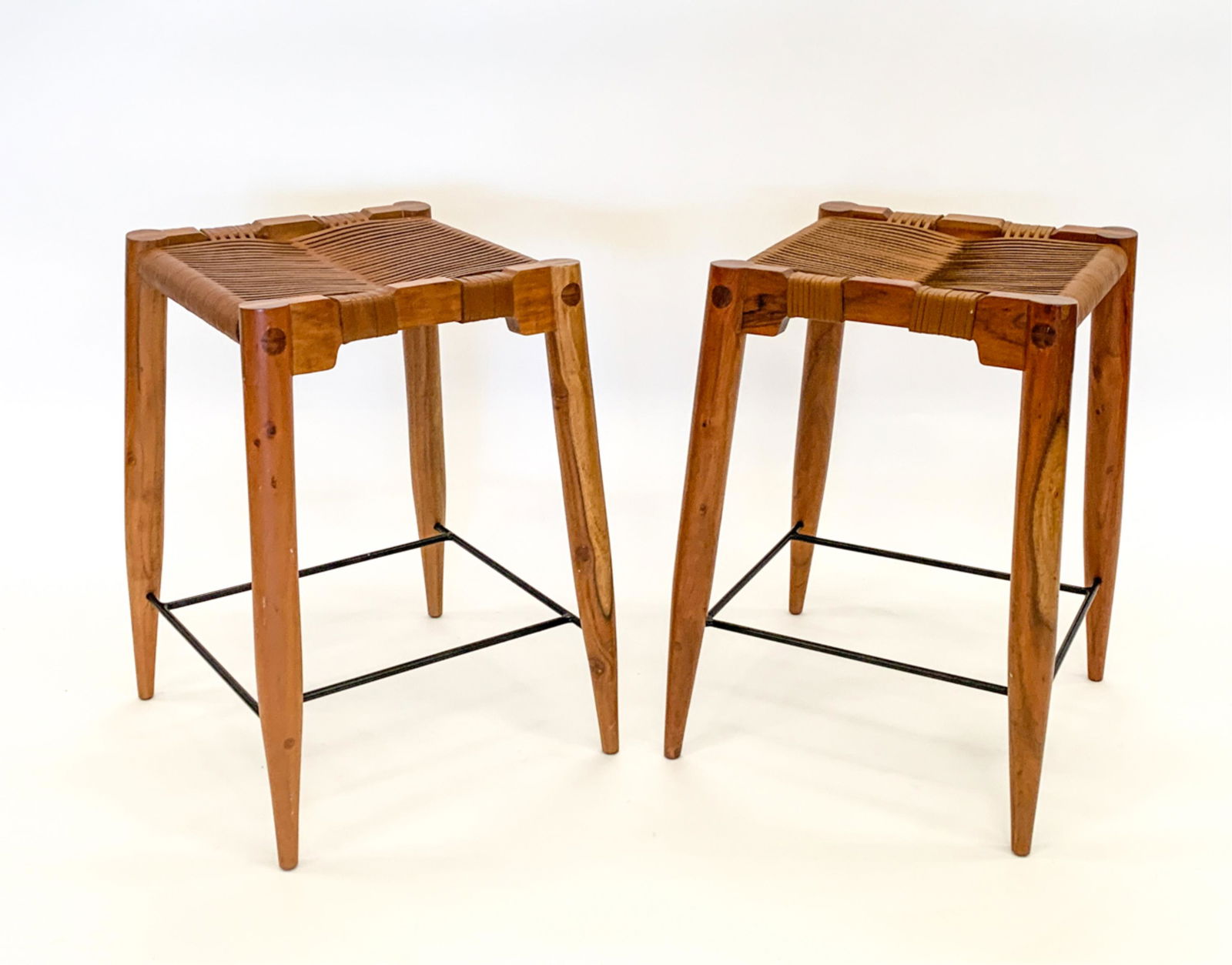 PAIR TEAK & LEATHER CORD STOOLS (1 of 10)