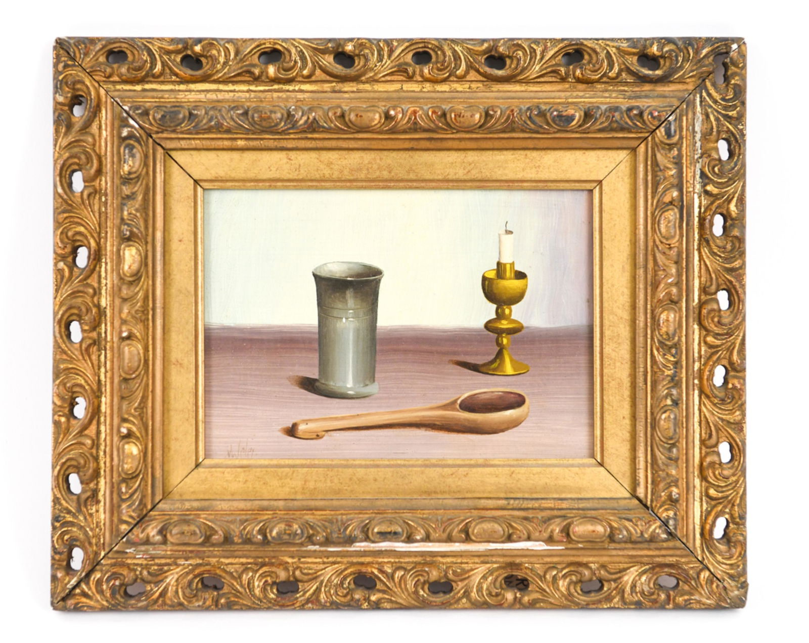 20TH C. PHOTO REALIST OIL ON MASONITE: Detailed still life with faint inscribed signature lower left. Dimensions: (Frame) H 9.5" x W 11.25" (Sight) H 4.5" x W 6.5" Condition: Unvarnished. Frame with a few nicks.
