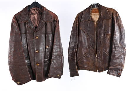 (2) VINTAGE LEATHER JACKETS INCL. DANIEL BOONE: Vintage Daniel Boone zip jacket, chest size 37"; and a 1970's style notched-lapel jacket, apparently unlabeled, chest size 43". Condition: Showing moderate wear consistent with age; scuffing,