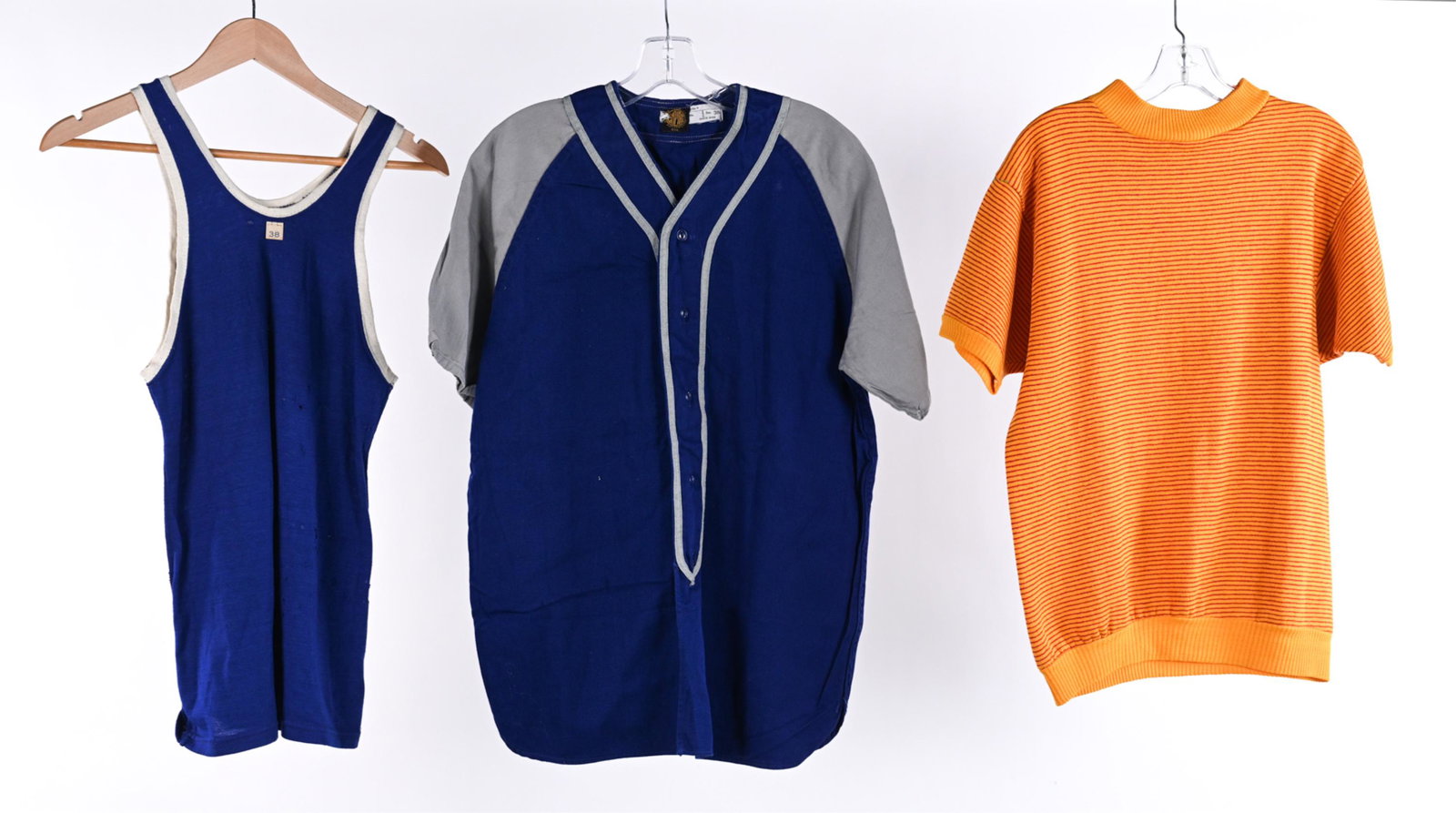 (3) VINTAGE CASUAL KNIT SHIRTS, 1950'S-1960'S: Including: Penney's Towncraft striped acrylic knit mockneck sweater (40" chest); Empire canvas twill baseball jersey, size 38 (43" chest); and an athletic knit tank top, size 28 (32" chest). Condition