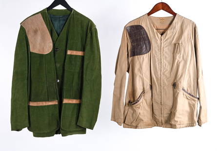 (2) VINTAGE HUNTING JACKETS: Including olive corduroy and suede jacket by America's Finest (43" chest); and khaki and leather jacket by Aristocrat with large Tacoma Sportsman's Club patch on back, (44" chest). Condition: Showing