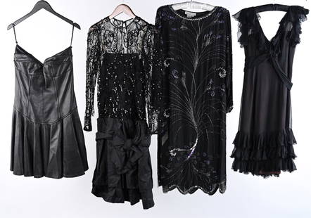 (4) 1980'S-90'S COCKTAIL DRESSES INCL. GUY LAROCHE: Grouping of vintage designer dresses, including: Michael Hoban for North Beach leather leather bustier drop-waist minidress, size M; Guy Laroche lace, sequin and silk taffeta drop-waist dress, size FR