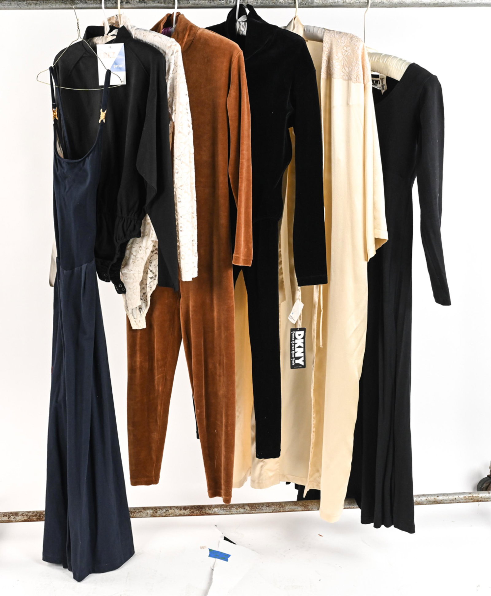 VINTAGE DESIGNER LOUNGEWEAR INCL. VALENTINO, DKNY: Exceptional grouping of vintage designer loungewear - all size L or one size - including (2) very rare velvet bodysuits by DKNY - one full-length, the other leotard-length with matching pants; a Valen