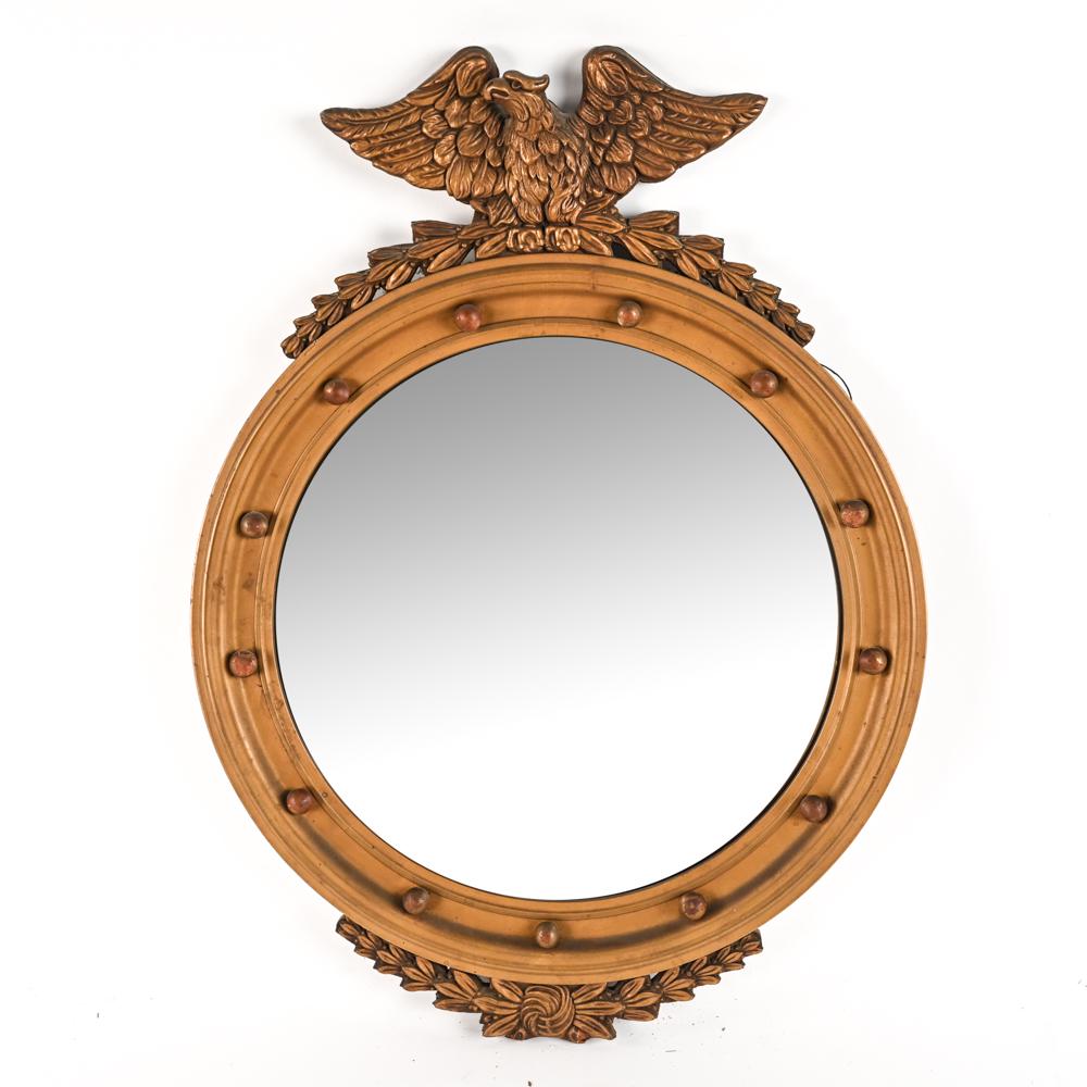 FEDERAL-STYLE CONVEX GIRANDOLE MIRROR: Dimensions: H 30" x W 22" x D 1.5" Condition: Mirror glass slightly loose, with some de-silvering. Surface dust and a few rubs to frame finish.
