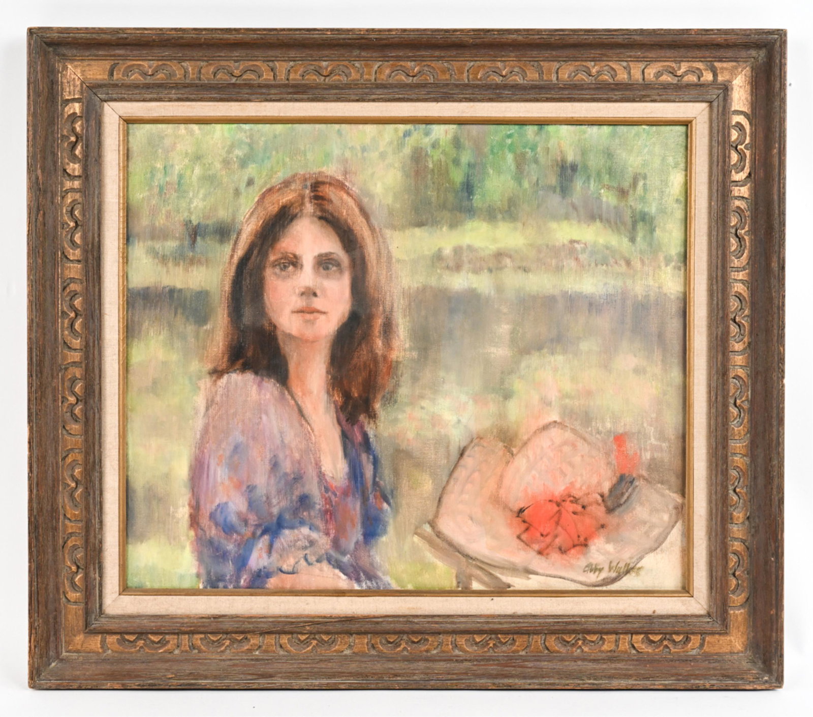 ABBY WALKER O/C PORTRAIT OF YOUNG WOMAN: Signed Abby Walker lower right. Signed and titled "Young Girl with Hat" stretcher verso. Dimensions: (Frame) H 27" x W 31.25", (Canvas) H 20" x W 24" Condition: Beginning of craquelure to one area of 