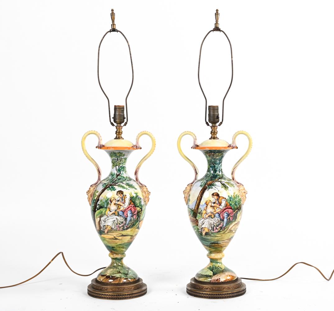 PAIR OF MAJOLICA HANDLED URN LAMPS (1 of 16)
