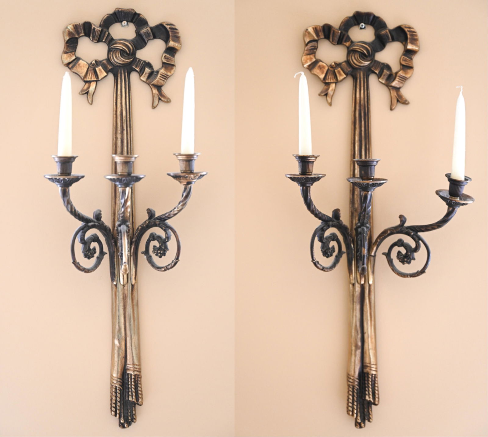PAIR OF GILT BRASS RIBBON & TASSEL CANDLE SCONCES (1 of 20)