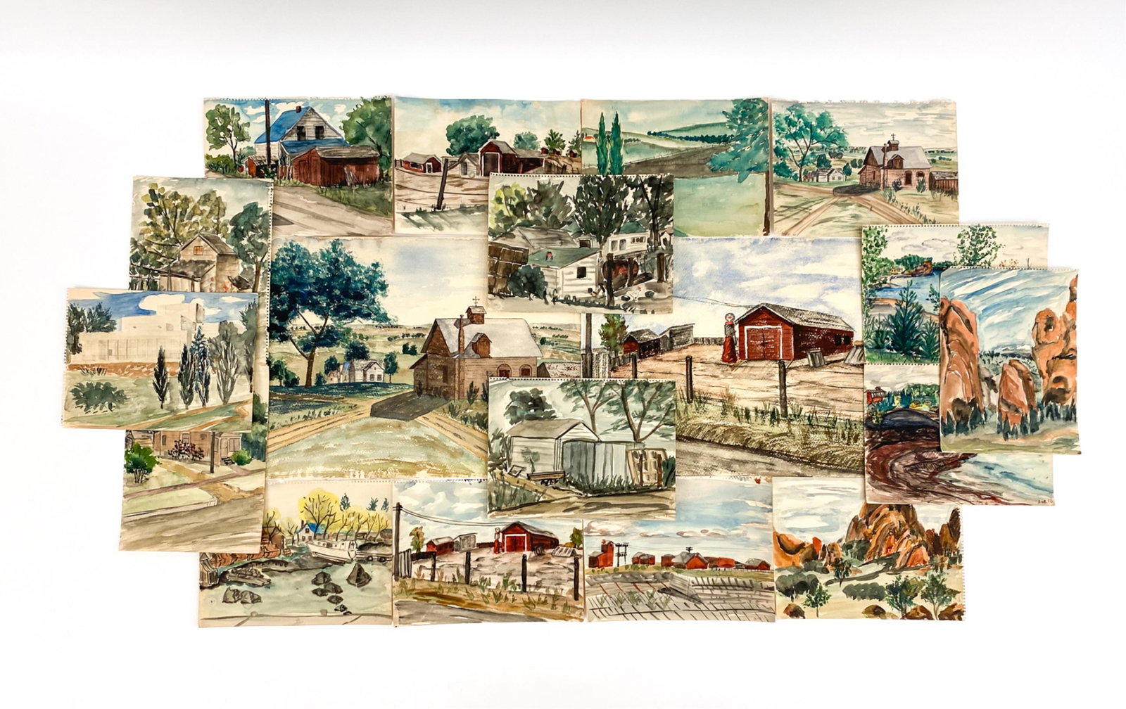 (18) 1940'S REGIONALIST WATERCOLORS: Various watercolors, sketches, unfinished, of Mid-west scenes with a few Western scenes thrown in. Variously dated, c. 1940-1946. A couple signed Schmitt. Most views believed to be Minnesota and Iowa.