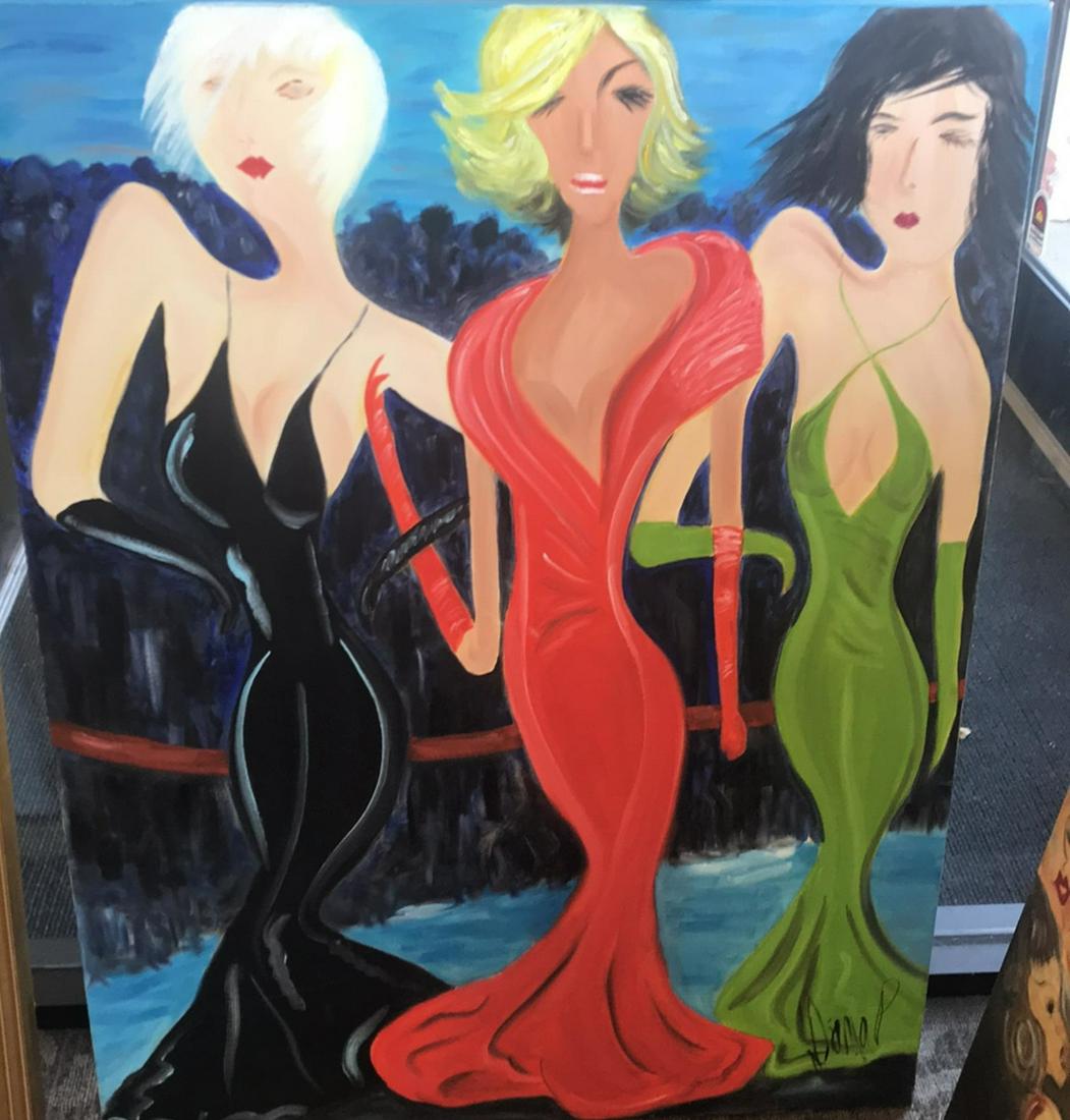 CONTEMPORARY O/C FASHIONABLE WOMEN: Oil on canvas, signed Diana P. lower right. Dimensions: H 48" x W 36" Condition: Some rubbing on edges.