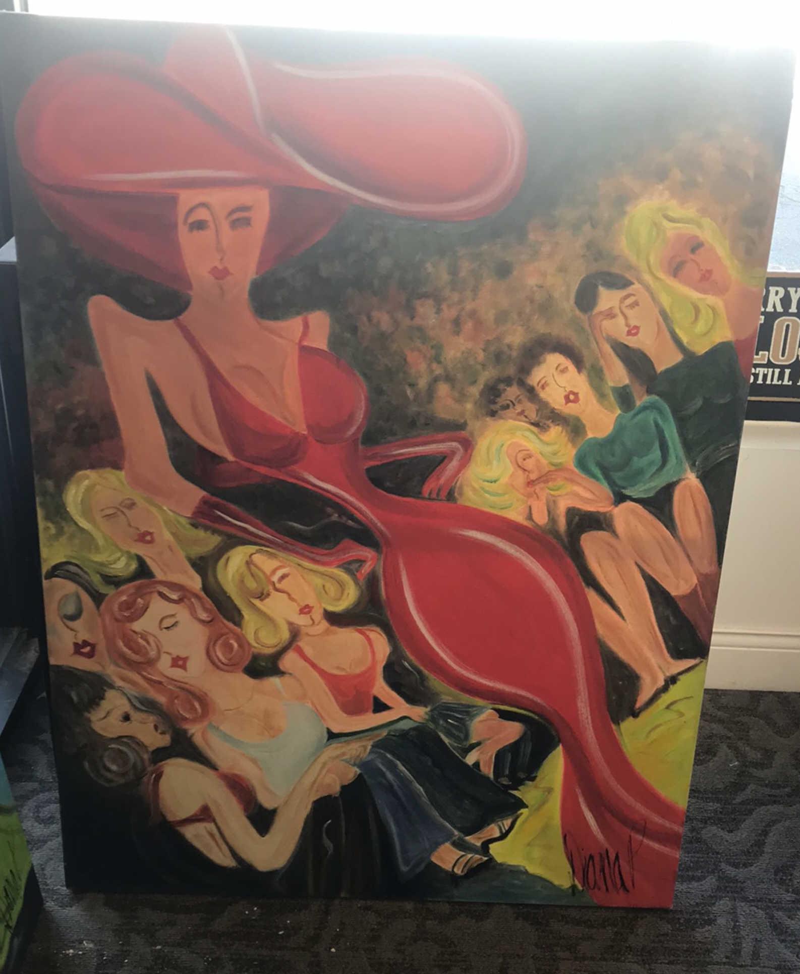 CONTEMPORARY O/C FASHIONABLE WOMEN: Oil on canvas. Signed Diana P. lower right. Dimensions: H 48" x W 36" Condition: Slight rubbing on the edges.