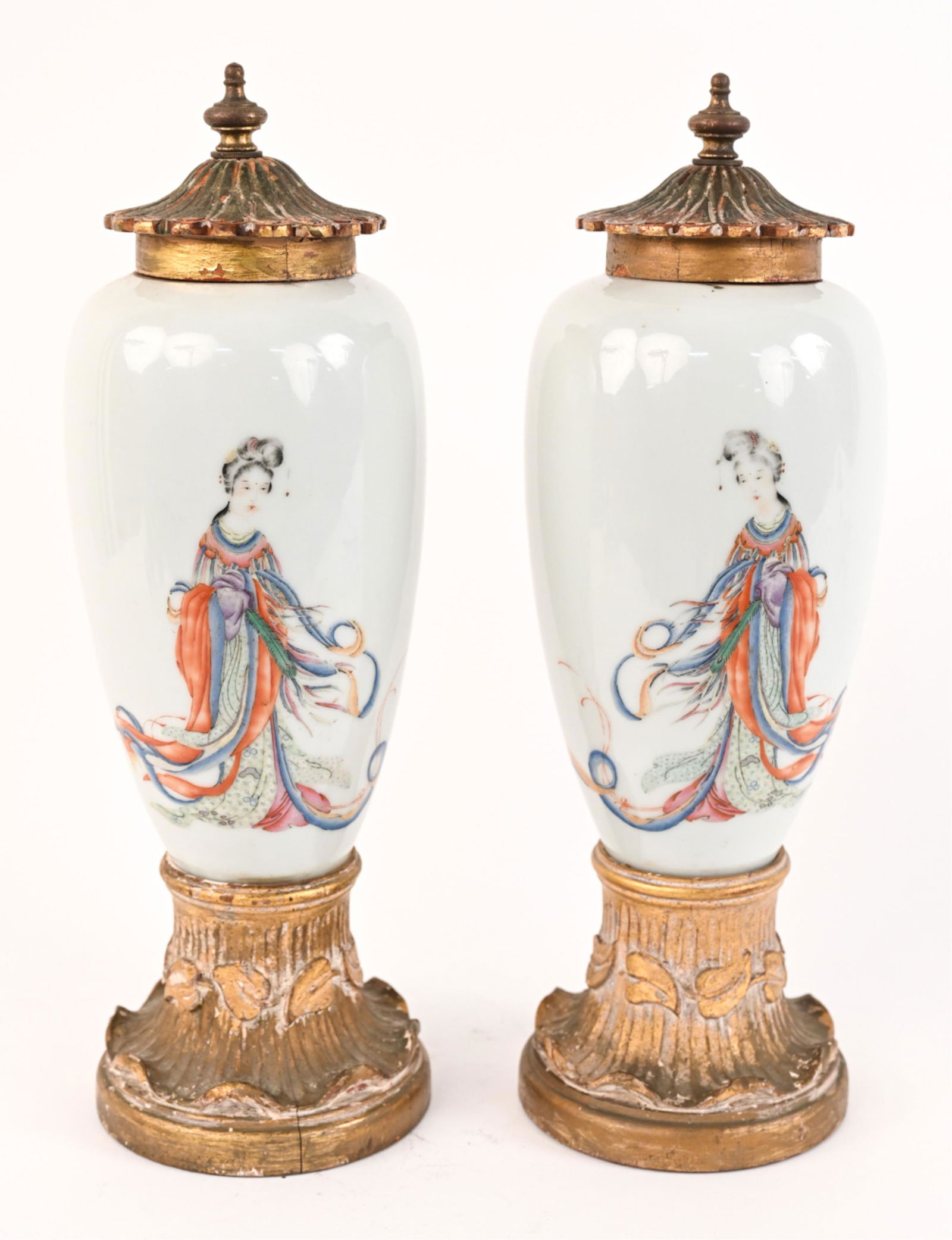 PAIR OF FIGURATIVE CANTON ENAMEL URNS, ONCE LAMPS (1 of 18)