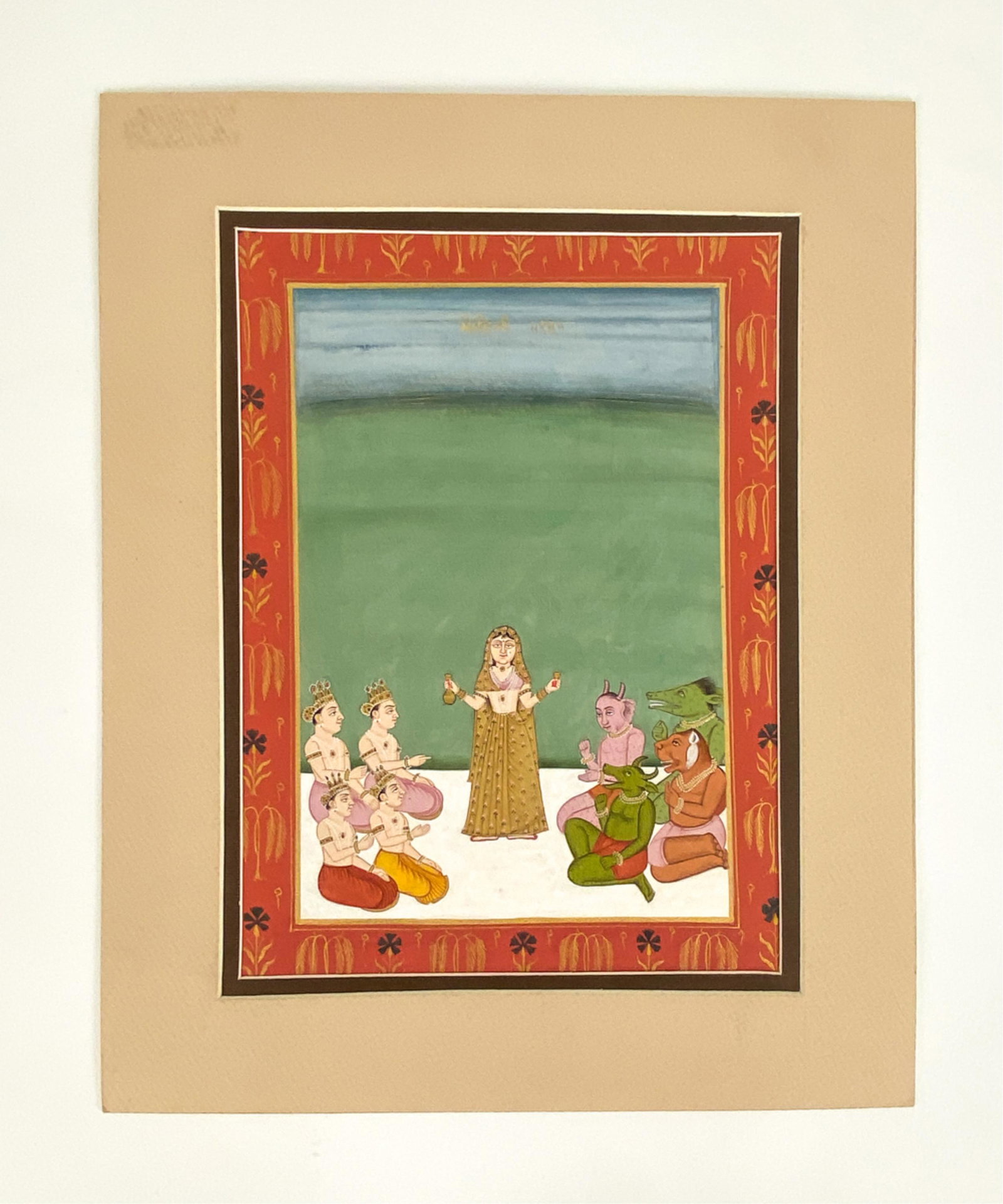 INDIAN MINIATURE PAINTING PAHARI SCHOOL: With gold details. Dimensions: (Mat) H 15.25" x W 12.25", (Sight) H 11" x W 8" Condition: Taped to mat from back.