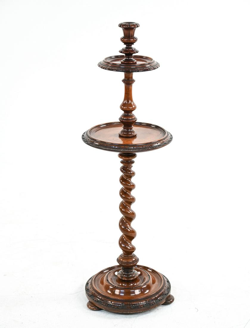19TH C. MAHOGANY BARLEY TWIST CANDLE STAND: Turned mahogany barley twist candle stand. Dimensions: H 38" x Dia. 13" Condition: Central pole leans slightly between middle tier and top. Small split to central tier. Few other small splits, wear co