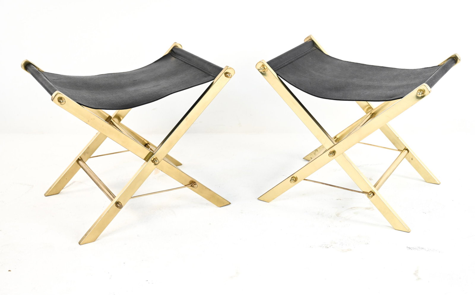 PAIR BRASS & LEATHER X-BASE DIRECTOR'S STOOLS (1 of 17)