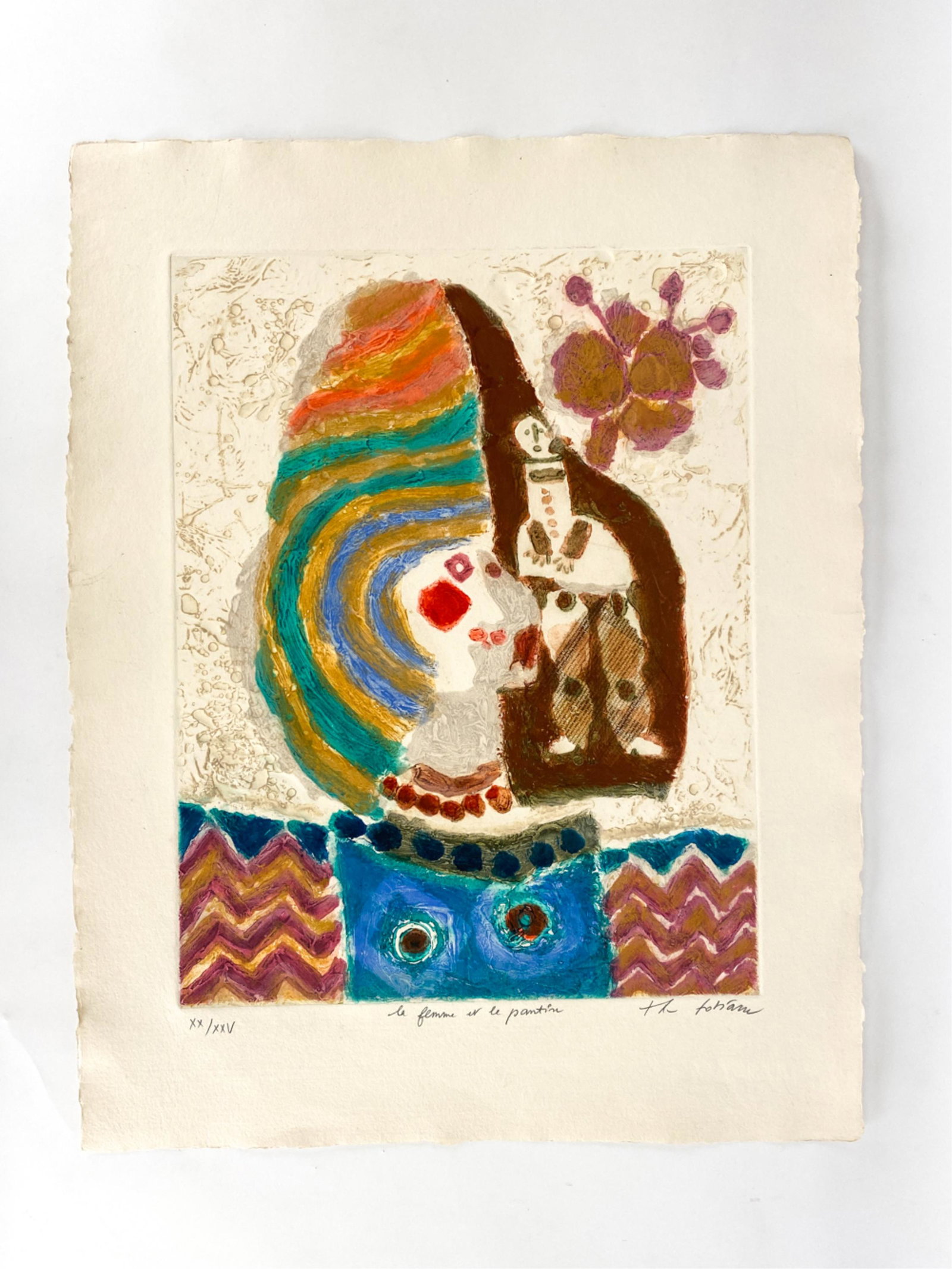 THEO TOBIASSE, FRENCH/ISRAELI (1927-2012): Lithograph with intaglio. Pencil signed. Titled "La Femme et le Pantin." Numbered XX/XXV. Dimensions: (Full sheet) H 33.75" x W 26" Condition: Fresh colors. Never framed. Some handling marks. Few stra