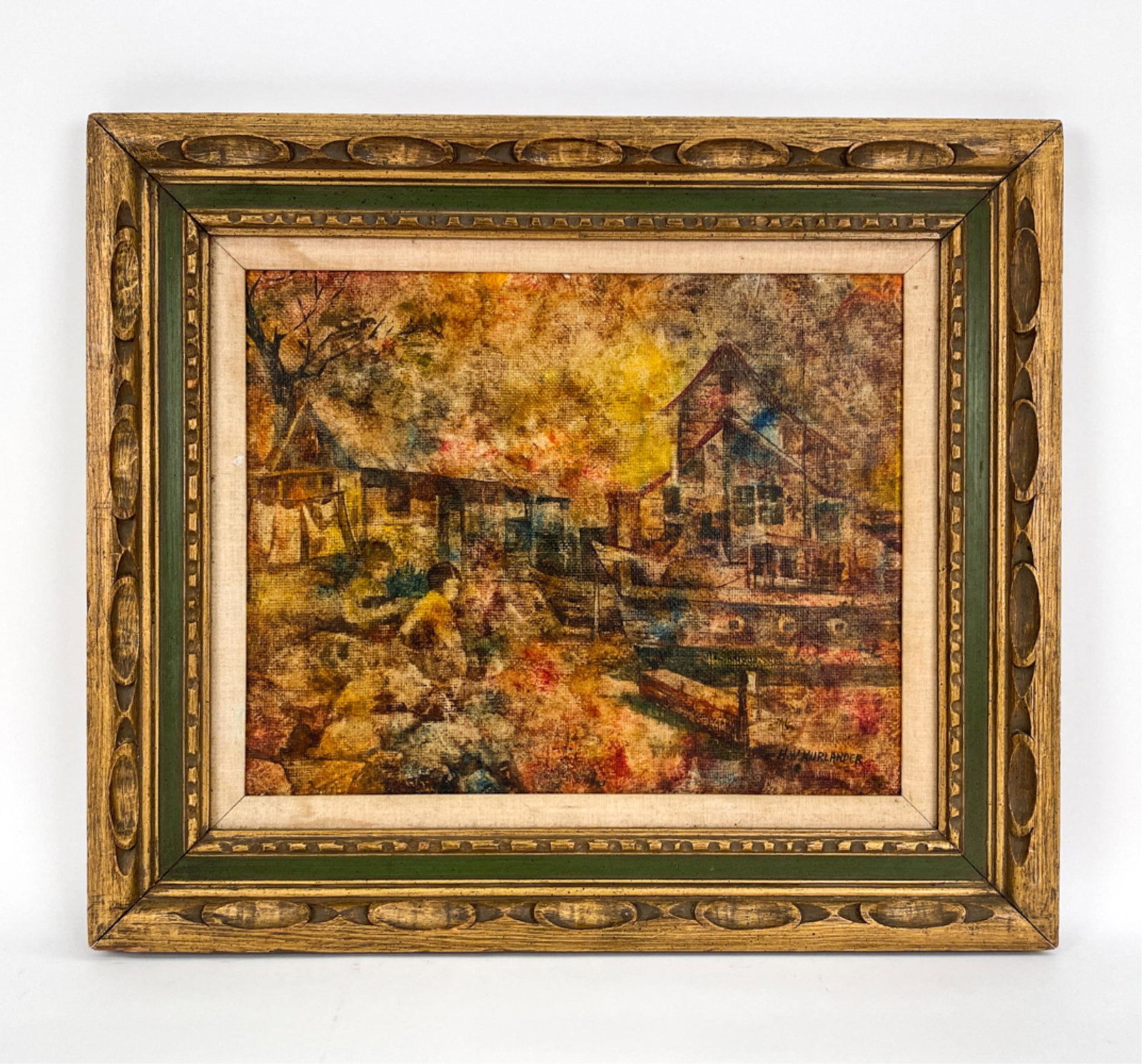HONEY W. KURLANDER (B. 1929) O/C: Abstracted port view. Signed lower right. Dimensions: Frame H 24.5" x W 28", Sight H 16" x W 20" Condition: Puncture above the signature. Linen liner with staining. Frame with corner separation.
