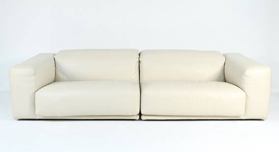 MATTHEW HILTON FOR DWR KELSTON LEATHER SOFA: "Kelston" Sofa in cream full-grain leather, designed by Matthew Hilton for Case and Design Within Reach. Backrests adjustable. Dimensions: (Backrest down) H 25" x W 114" x D 44" x SH 14.5", (Backrest