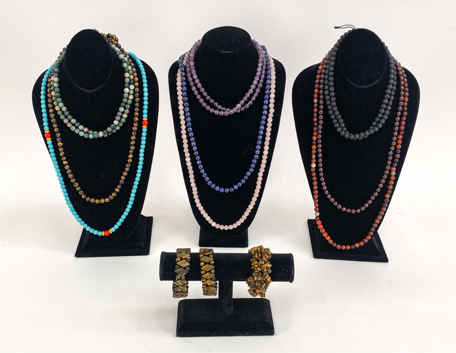 SEMI PRECIOUS STONE JEWELRY/ PRAYER BEADS: Healing stones/crystals to include tigers eye, amethyst, lava, turquoise, lapis, carnelian, rose quartz, etc. Dimensions: Longest: L 38" Condition: Used, minor fraying, strong.