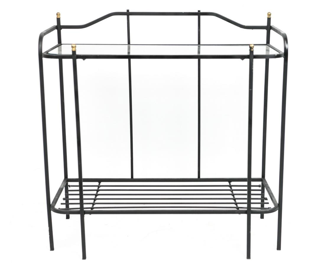 IRON AND GLASS LOW ETAGERE SHELF: Dimensions: H 31" x W 31" x D 15" Condition: Small areas of finish loss and few paint spots. Missing one shelf glass.