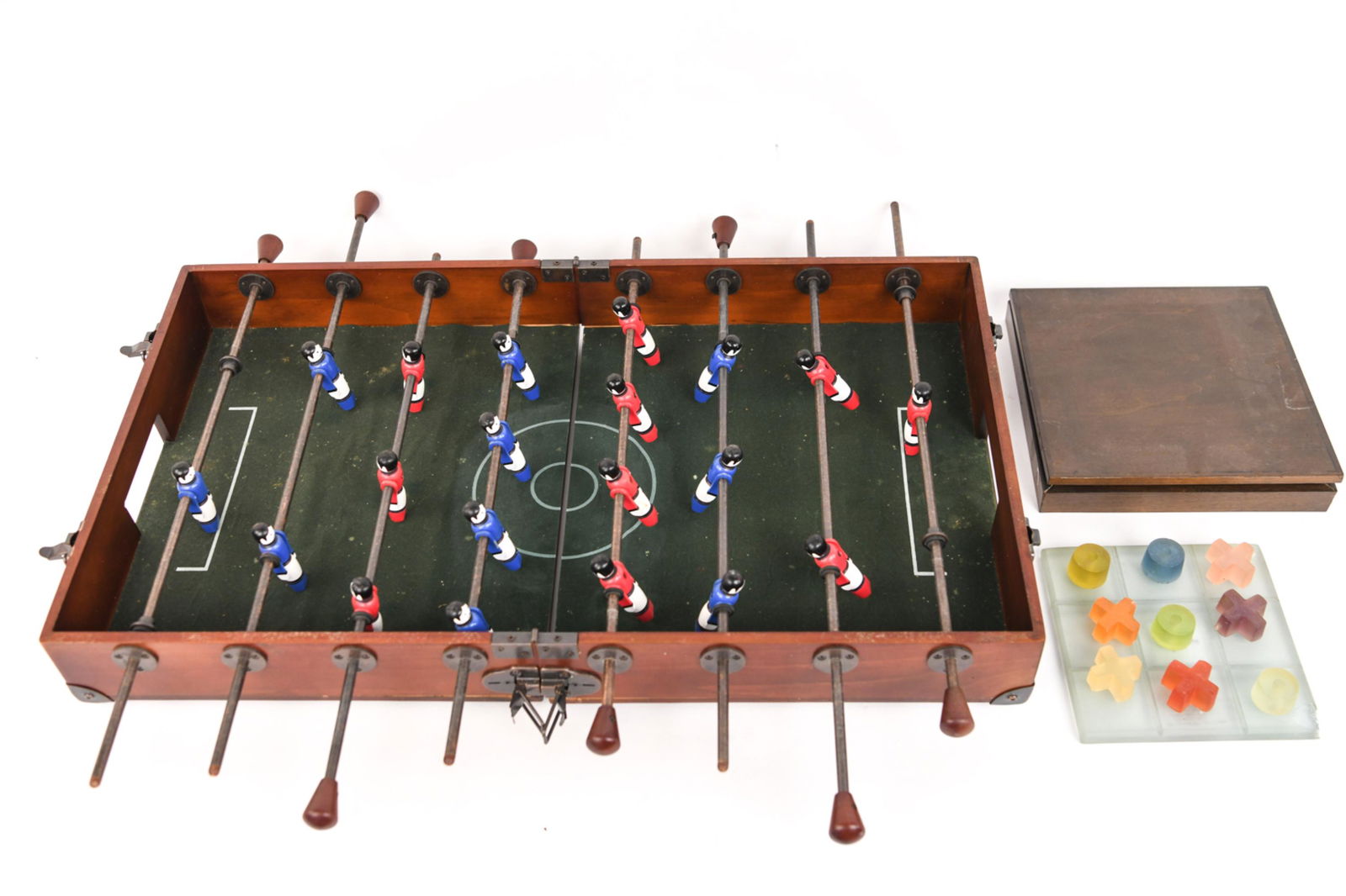 VINTAGE & MODERN TABLETOP GAME GROUPING: Including a portable foosball game, acrylic resin tic tac toe set by Bam Bam Designs, and (2) sets of vintage game tokens in Bakelite and bone. Dimensions: (Foosball game, folded) H 7.25" x W 25" x D
