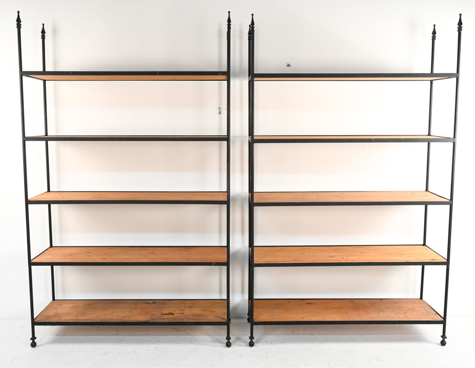 PAIR OF LARGE IRON AND WOOD ETAGERES: Marked in metal "Turky" Dimensions: H 86" x W 52" x D18", (Height between shelves), H 15" Condition: Wooden shelves show scratches, soiling and a few stains. Metal frame has minor marks. Wear consiste