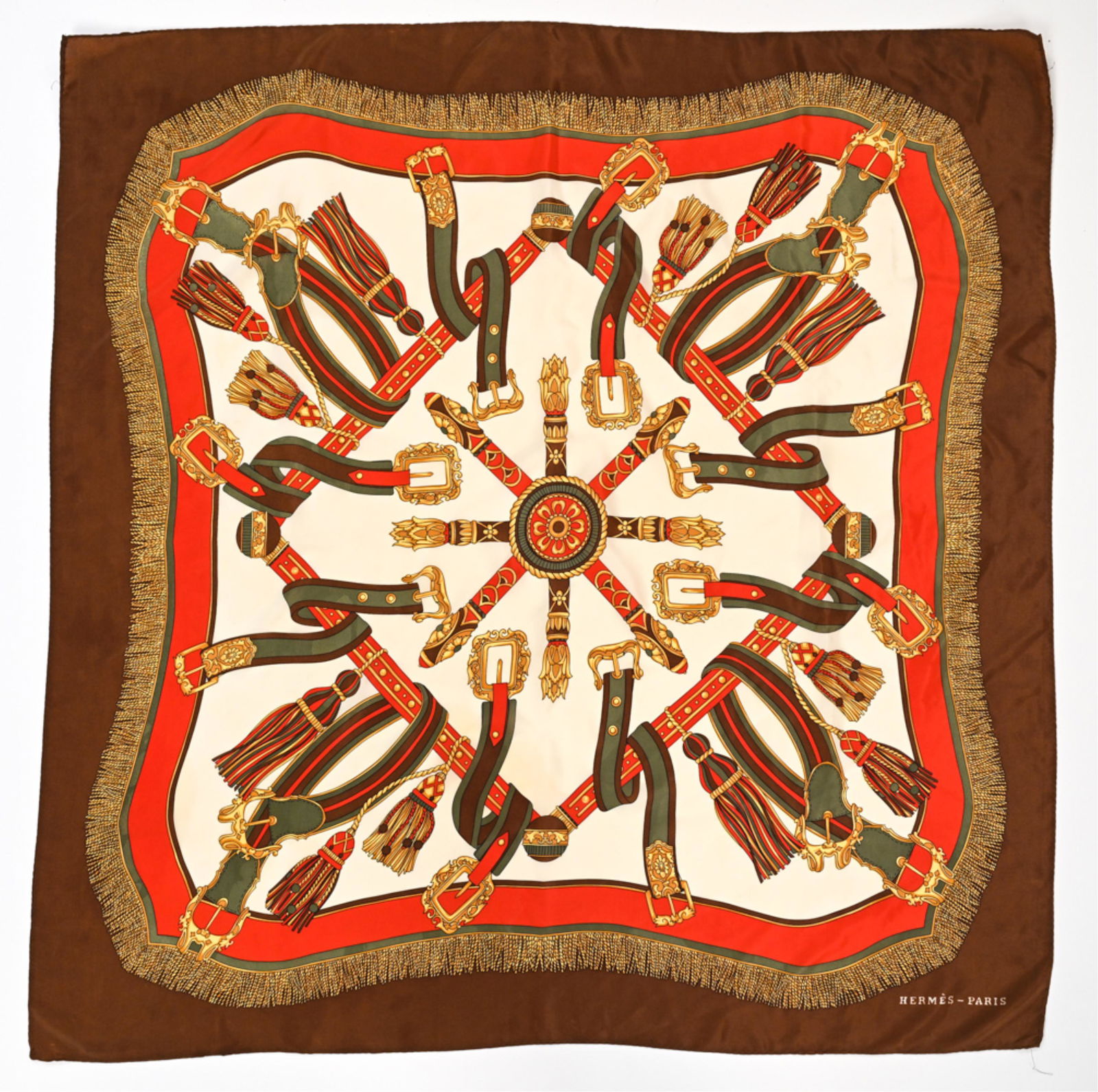 1950'S HERMES SILK SCARF: Dimensions: L 35" x W 35" Condition: Edges may have been re-tacked. Some light sun fading, a few runs to silk.