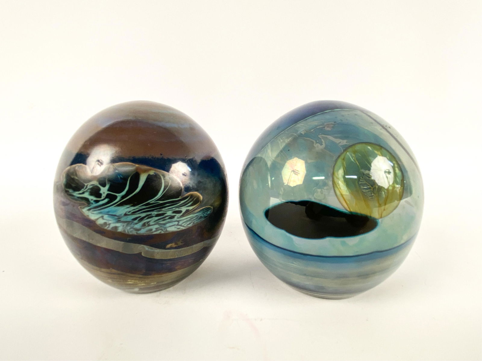 (2) SIGNED ABSTRACT ART GLASS PAPERWEIGHTS, 1974 (1 of 8)