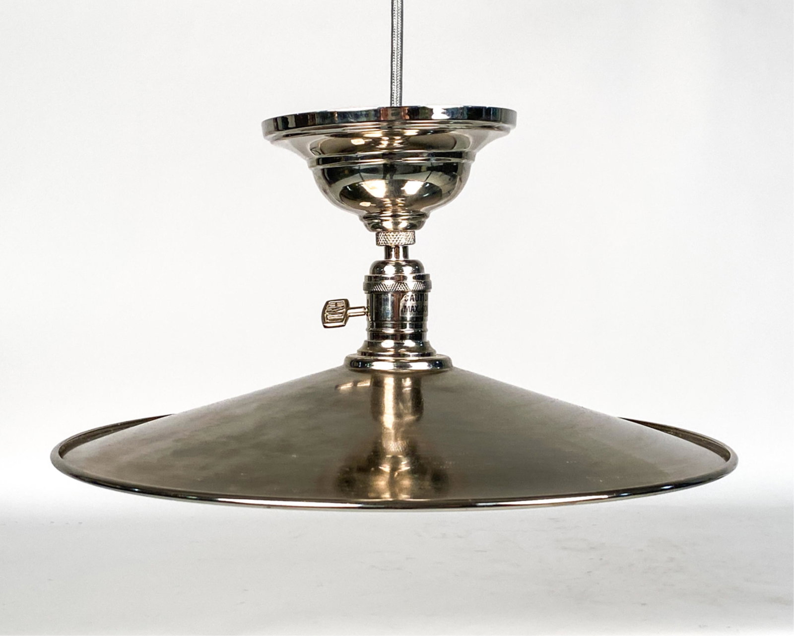 HUDSON VALLEY HEIRLOOM NICKEL PENDANT LIGHT: Contemporary saucer-style pendant light in polished nickel, from the Heirloom collection by Hudson Valley. Dimensions: (Fixture only) H 5" x Dia. 14.5" Condition: Wiring not tested; a few light surfac