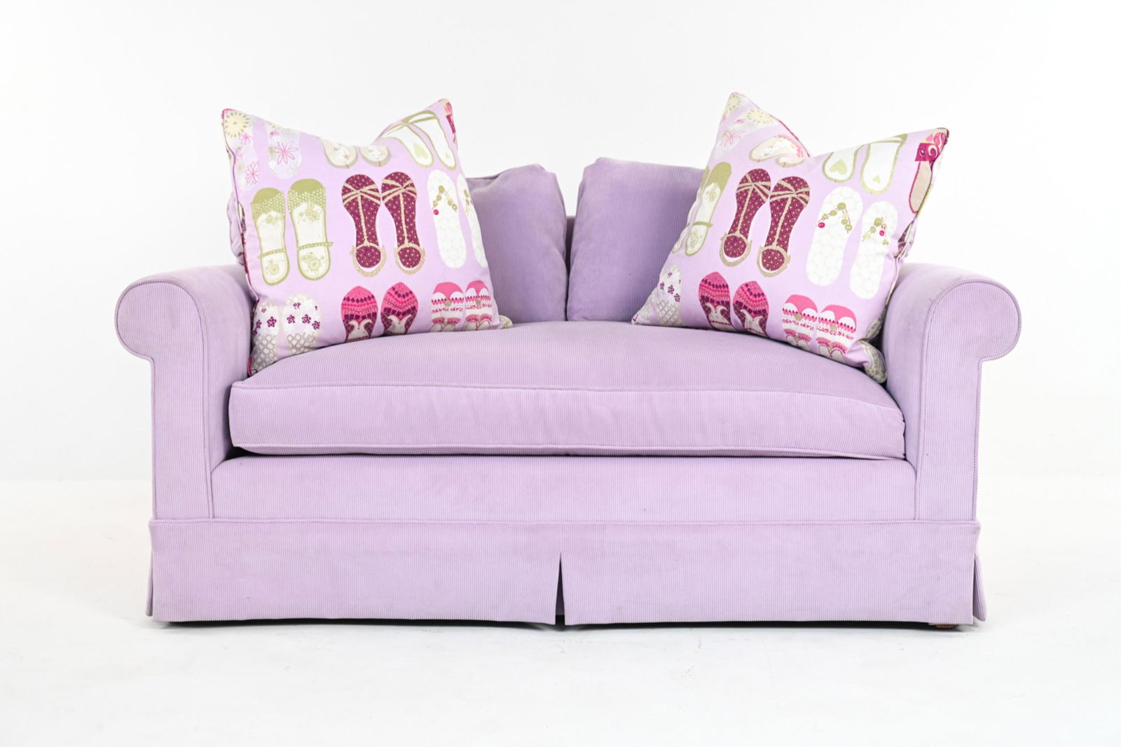 CONTEMPORARY ROLLED-ARM SKIRTED SETTEE (1 of 7)