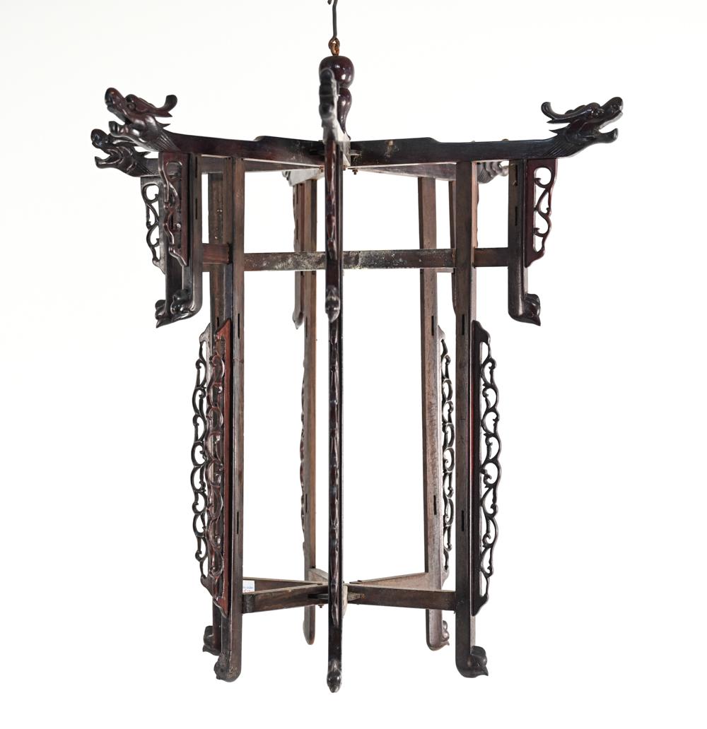 ASIAN PENDANT LANTERN: Dimensions: H 26" x W 20" x D 20" Condition: Some water damage to center part of the lantern. General soiling overall.