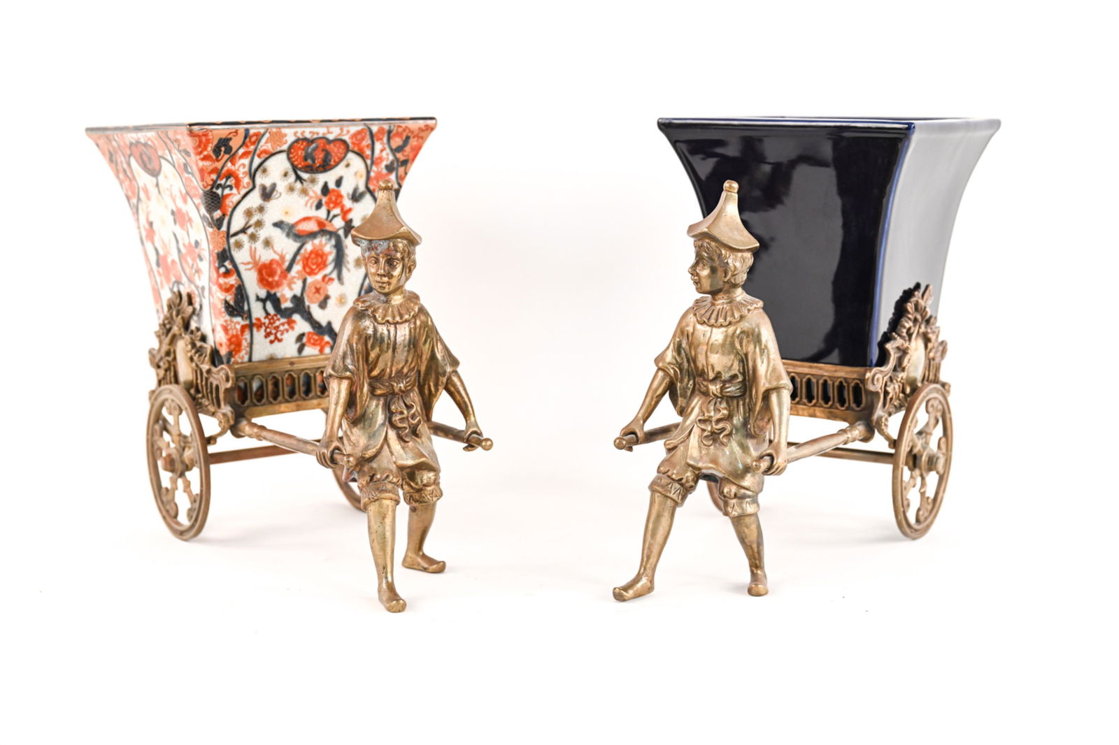 (2) CHINESE BRASS AND PORCELAIN WAGON PLANTERS (1 of 20)