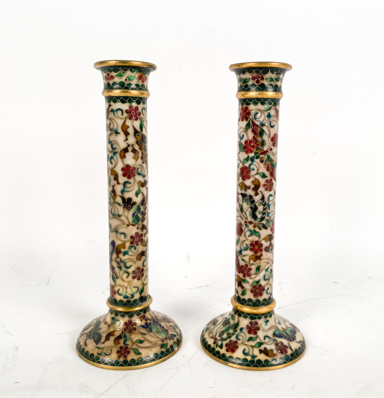PAIR OF CHINESE BRASS AND CLOISONNE CANDLESTICKS (1 of 15)
