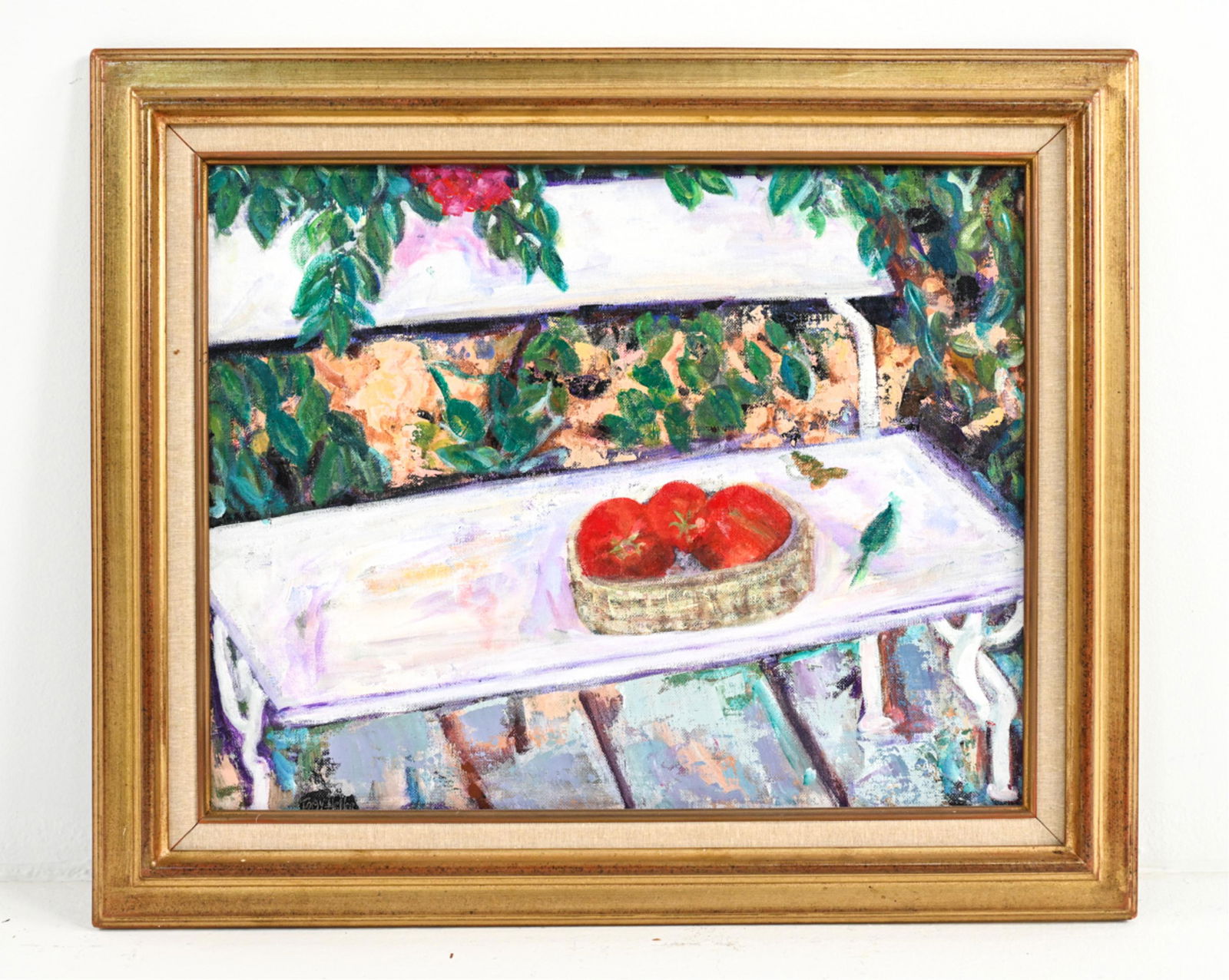 TOBY HELLER (1927-2017) O/B STILL LIFE: Oil on canvas board; still life with tomatoes on a garden bench, signed lower left. Dimensions: (Frame) H 21" x W 25" (Painting) H 16" x W 20" Condition: A few small spots of soiling to linen liner, l