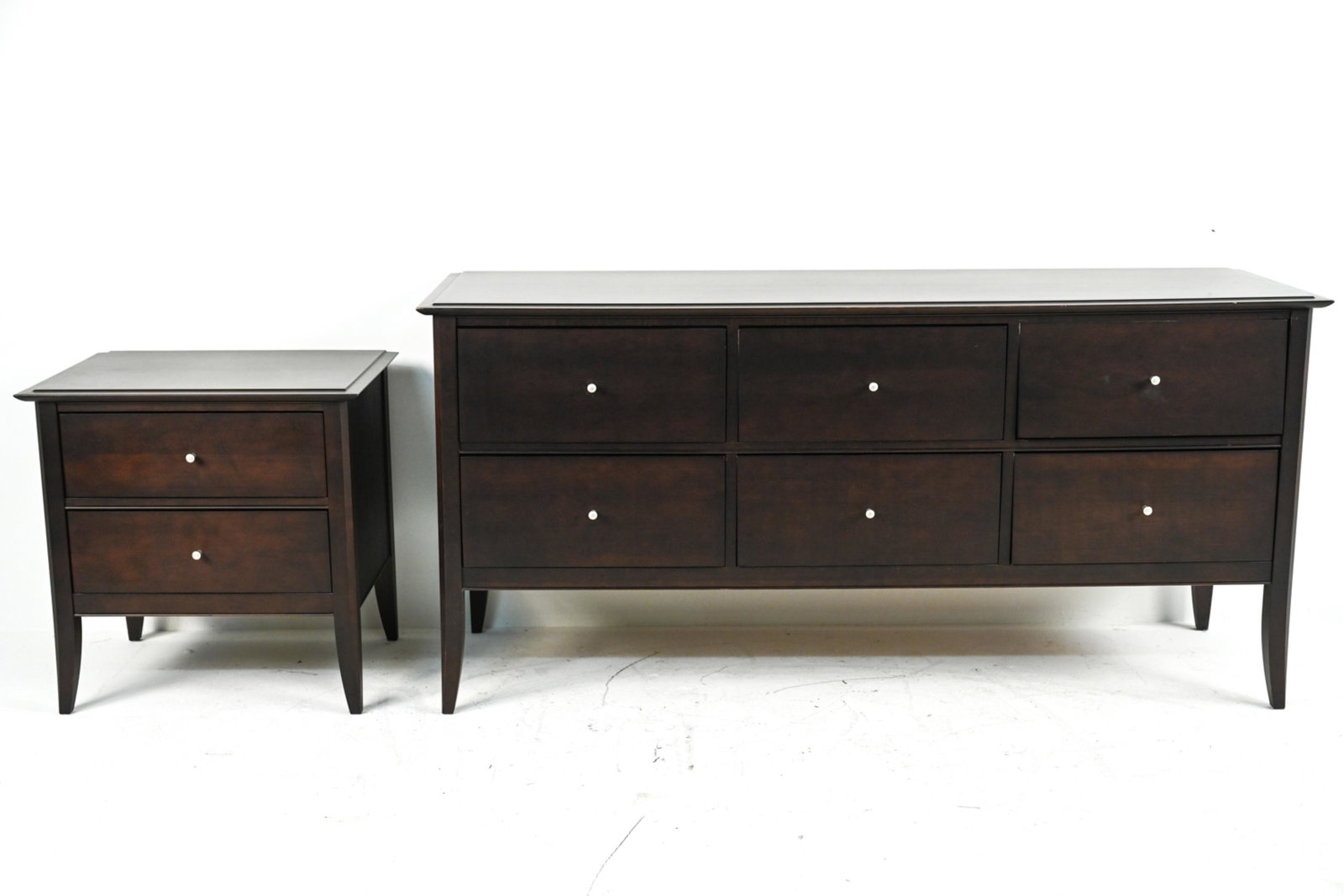 BARONET VENDOME NIGHTSTAND & CHEST OF DRAWERS: From the "Vendome" collection by Baronet for Crate & Barrel. Heat stamped "Baronet / Made in Canada" inside upper drawers. Espresso finish with minimalist matte silvertone hardware. Dimensions: (Chest