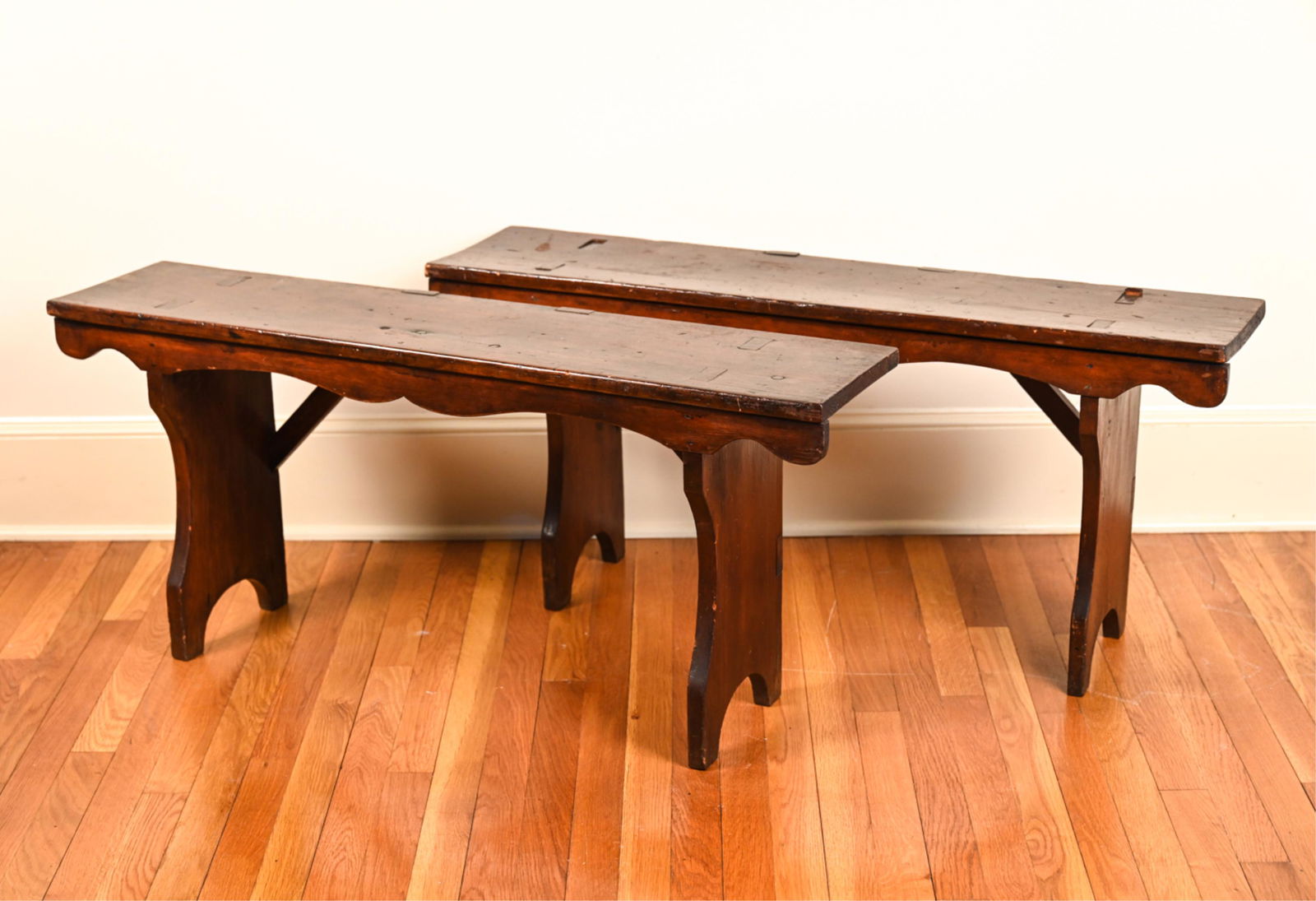 PAIR OF PRIMITIVE COUNTRY WOOD BENCHES (1 of 11)