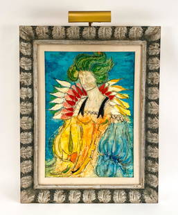 LAZZARO DONATI, ITALIAN (1926-1977) OIL ON PANEL: Oil on board. Colorful woman. Signed upper right. Signed, titled "La Regina" on back of panel. Dimensions: (Frame) H 37.5" x W 29.5", (Panel) H 27.5" x W 19.5" Condition: Good unvarnished condition. C