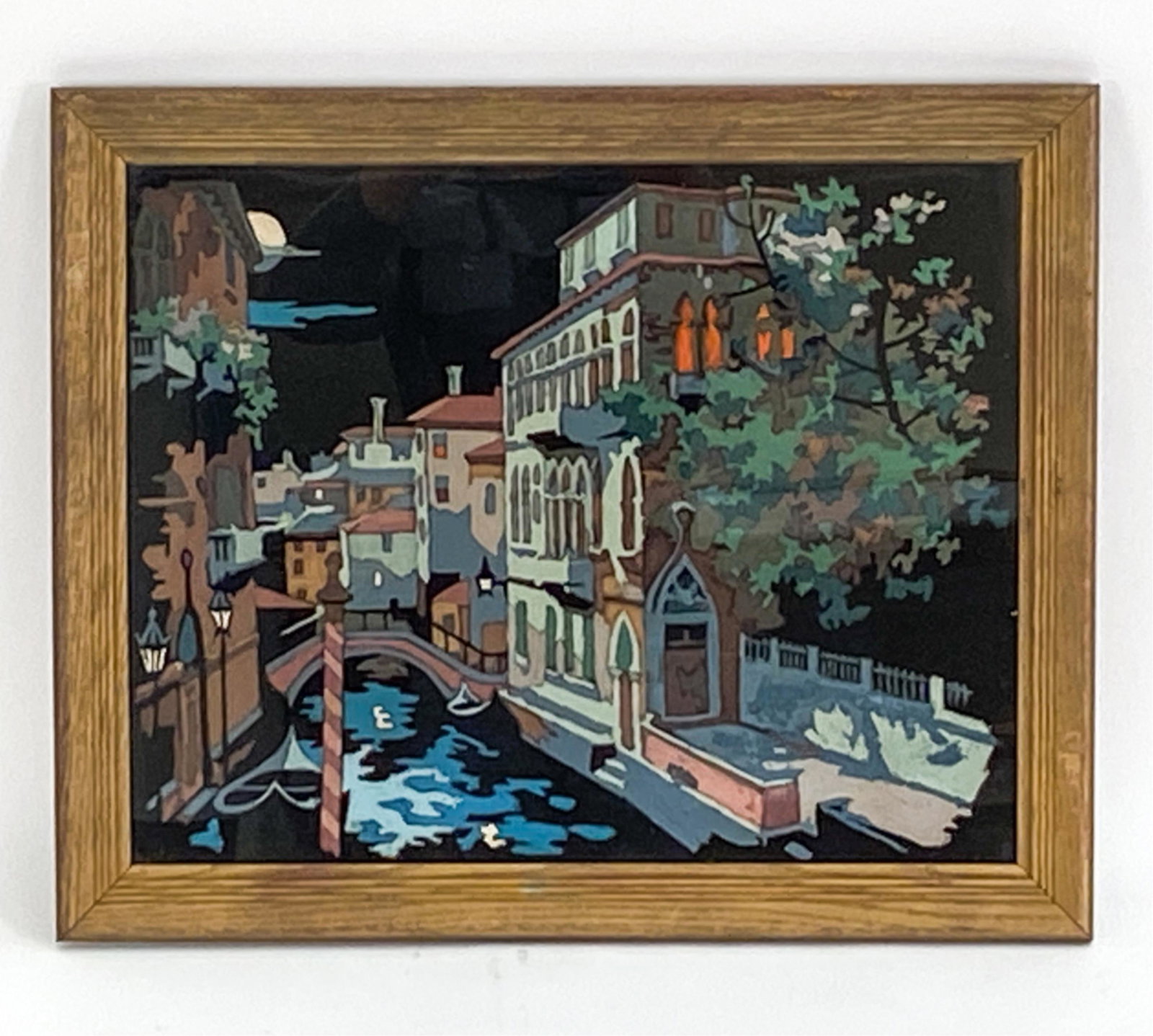 DECO PERIOD VENICE AT NIGHT OIL: Oil on textured black paper. Apparently unsigned. Dimensions: (Frame) H 19" x W 23" (Painting) H 16" x W 20" Condition: Some flaking to paint. Frame with overpaint.