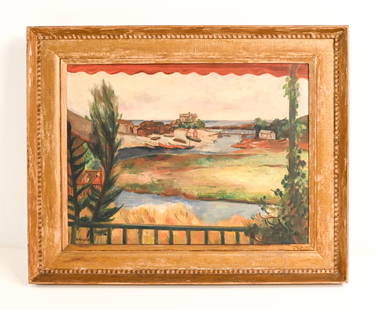 BERNARD KARFIOL, HUNGARY-NY (1886-1952) O/C: View from a porch or balcony of a lush marsh landscape with houses and foot bridge, signed lower left, titled "Perkin's Cove" on stretcher; frame with labels from The Downtown Gallery and The Carnegie