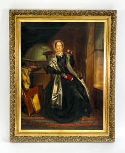 19TH C. PORTRAIT OF WOMAN AS COLLECTOR O/C: Seated woman in an interior with a globe, with print/drawing folios, etc. Apparently unsigned. Oil on canvas. Dimensions: (Frame) H 42.5" x W 34.5", (Canvas) H 36" x W 28" Condition: Painting lined, c