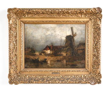 19TH C. DUTCH O/C MANNER OF VAN RUISDAEL: Dimensions: (Frame) H 24" x W 29" x D 3" (Painting) Condition: Painting with surface dirt and grime, some craquelure. Wear to frame.