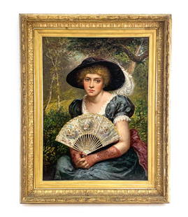 RICHARD LINCOLN ALDRIGE, BRITISH (1840-1900) O/C: Oil on canvas portrait. Portrait of a young woman with fan in a landscape. Signed upper left. In a good, period frame. Dimensions: (Frame) H 34.75" x W 27.5", (Canvas) H 27.75" x W 20" Condition: