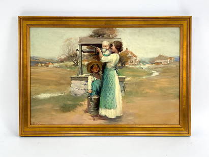 HENRY JAMES SOULEN (1888-1965) O/C ILLUSTRATION: Illustration painting of family at a well. Signed lower left. Canvas laid down on board. Dimensions: (Frame) H 23" x W 32", (Painting) H 19" x W 29" Condition: Laid down. Repaired tears upper right,