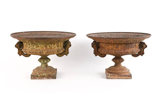 PAIR OF ANTIQUE SMALL CAST IRON URN PLANTERS: Pair of ornate antique cast iron pedestal urn-form planters. Dimensions: H 10.25" x Dia. 15.25" Condition: Wear consistent with age and use; previously painted, surface dirt and oxidation.