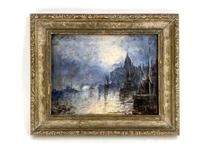 19TH C. IMPRESSIONIST O/C: 19th century impressionist harbor scene at twilight. Oil on canvas. Apparently unsigned. Dimensions: (Frame) H 13" x W 15.75", (Canvas) H 9.25" x W 12" Condition: Surface dirt and craquelure to paint