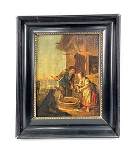 19TH C. DUTCH OIL ON PANEL, OLD MASTER-STYLE: Apparently unsigned. Dimensions: (Frame) H 16.75" x W 14.25", (Painting) H 12.25" x W 9.25" Condition: Panel slightly warped. Dirty varnish. Possible restorations. Separations to corners of frame,