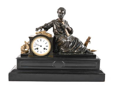 19TH C. FRENCH JAPY FILS BRONZE MANTEL CLOCK: Parcel-gilt bronze mantel clock with Classical figure, on stone and wood base. Movement stamped L. Japy Fils and hand-signed H. Bertrand. Dimensions: H 15" x W 19.25" x D 6' Condition: Bronze be