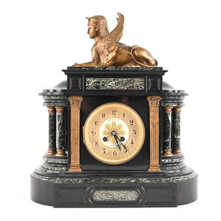 EARLY 20TH C. FRENCH EMPIRE EGYPTIAN REVIVAL CLOCK: Cast bronze and green marble mantel clock. In the style of the French Empire Egyptian Revival period. Dimensions: H 17" x W 16" x D 7" Condition: Clock not tested. Breaks and repairs to columns, rubs